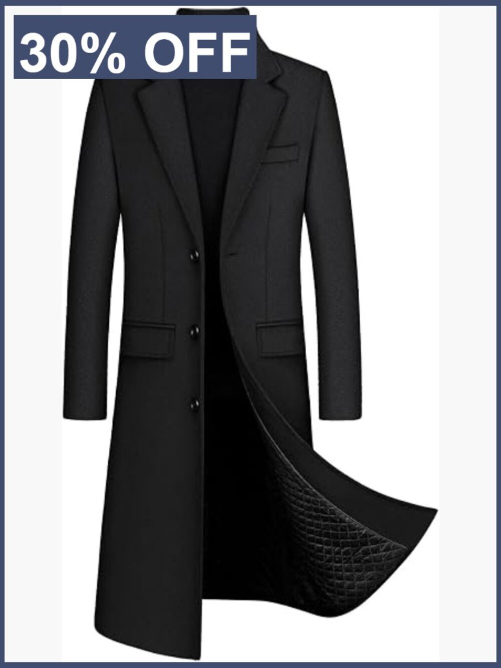 Men Wool Blend Peacoat Quilted Long Winter Jacket Notch Lapel Button